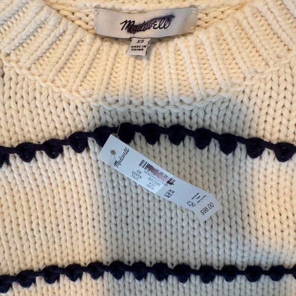 NWT Madewell Stripe Ivory / Navy  Blue Textured Cotton Crewneck Sweater SZ XS - Picture 7 of 7